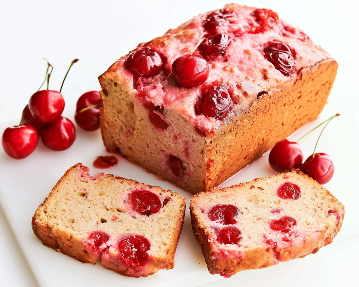 Delicious homemade Cherry Bread Simple Sweet Loaf on a wooden table