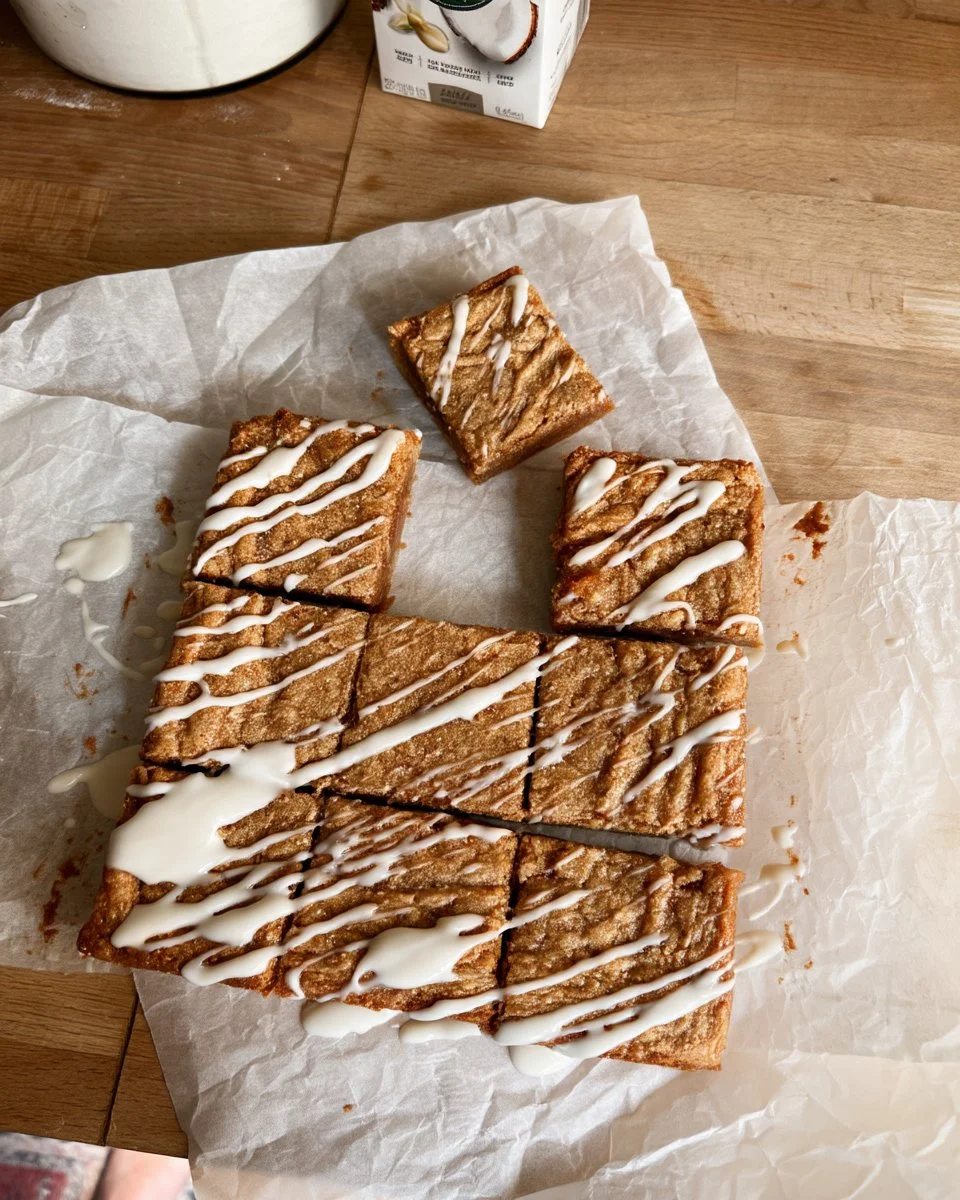 cinnamon-roll-blondies-2026-08-31-153525 Freshly baked cinnamon roll blondies topped with icing on a wooden table