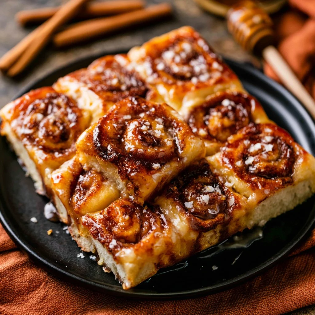 Freshly baked cinnamon roll focaccia with swirls of cinnamon and icing