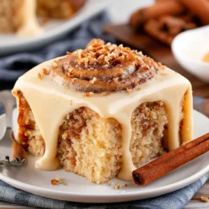 Delicious cinnamon roll poke cake topped with icing and cinnamon