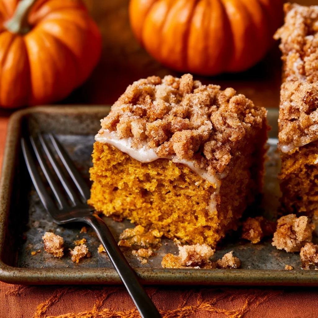 Delicious Cinnamon Streusel Pumpkin Coffee Cake with a golden brown topping