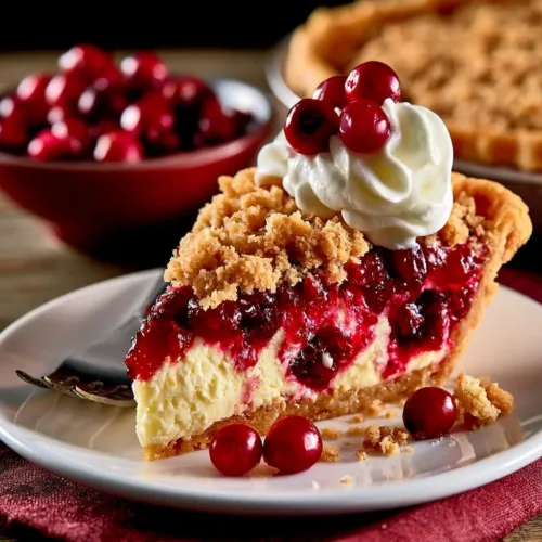 Delicious Cranberry Cream Cheese Pie with a crumbly topping and fresh cranberries
