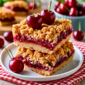 Easy Cherry Crumble Bars 3 Delicious easy cherry crumble bars on a white plate