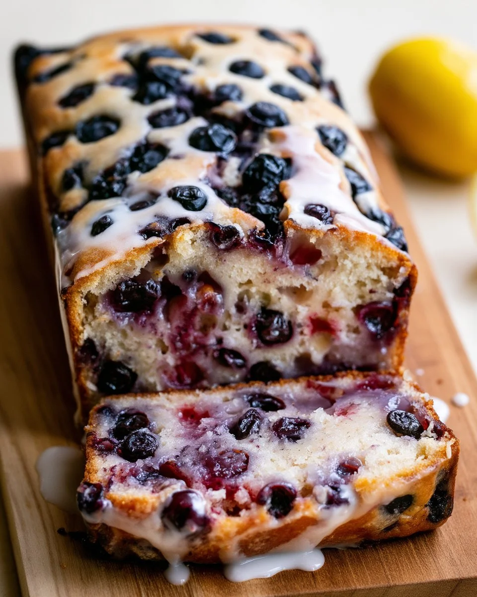 Slice of easy lemon blueberry bread with blueberries and lemon zest on a plate.