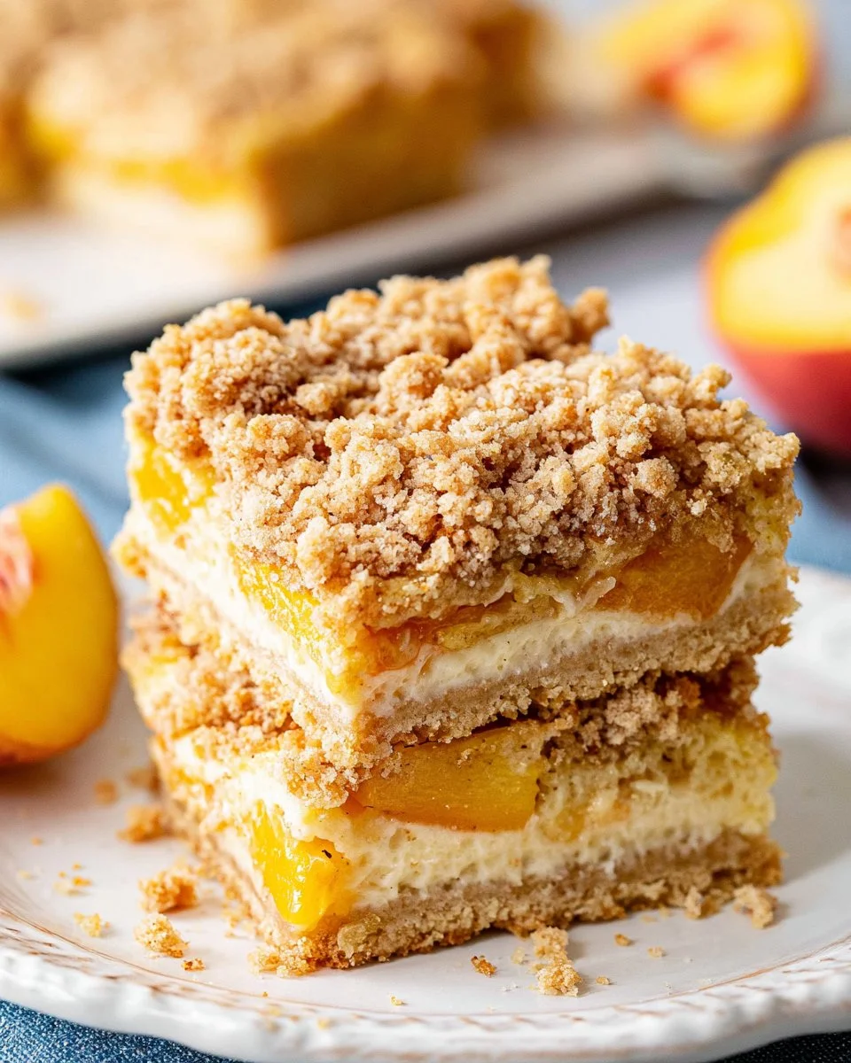 Delicious Peach Cobbler Cheesecake Bars with fresh peaches and a crumbly topping