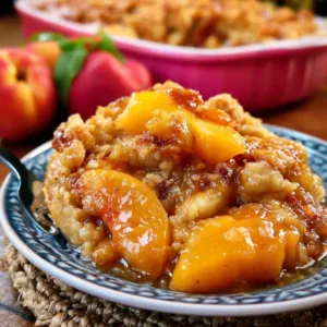 Delicious peach cobbler with a golden crust baked to perfection.