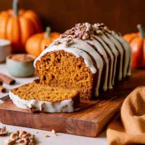 Delicious pumpkin bread with cinnamon icing served on a rustic wooden table.