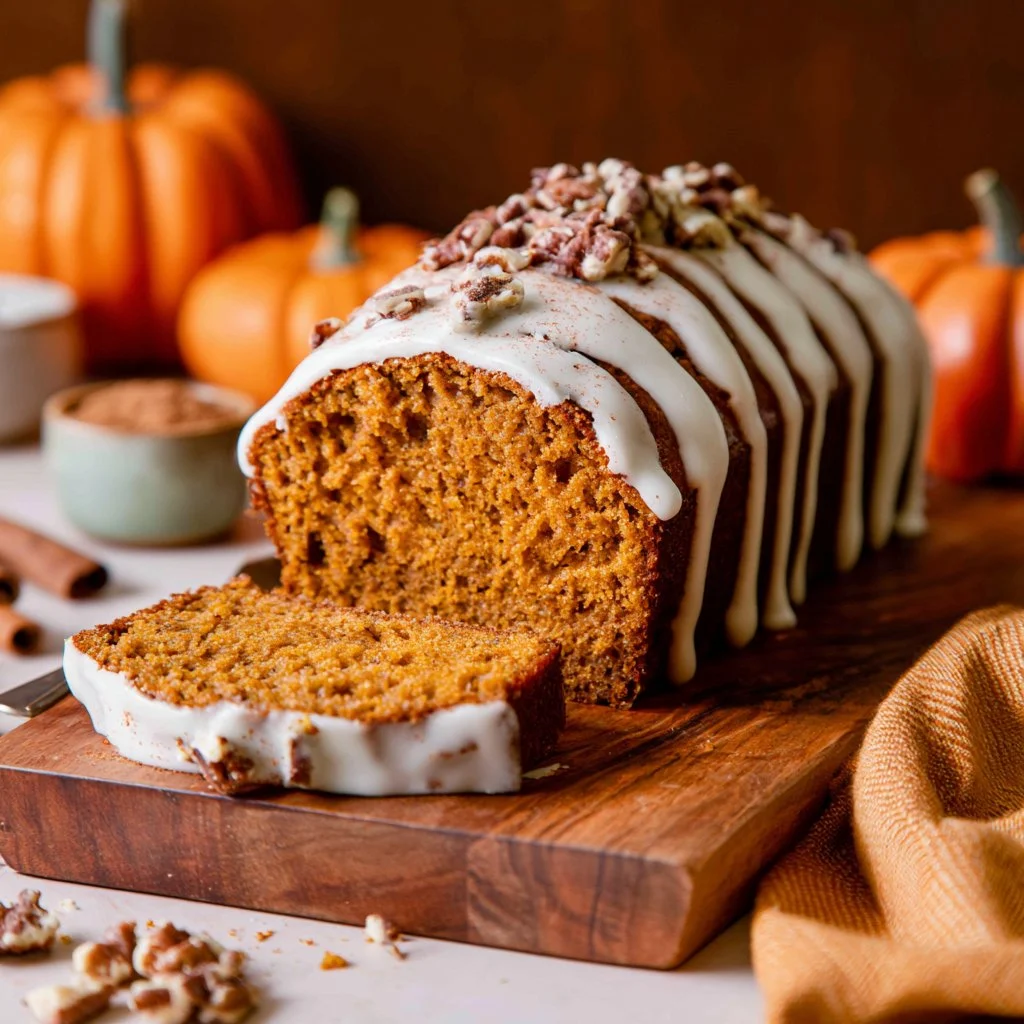 Delicious pumpkin bread with cinnamon icing served on a rustic wooden table.