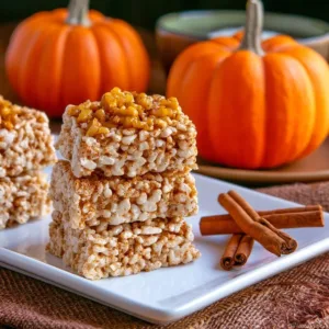 Delicious Pumpkin Spice Rice Krispie Treats arranged on a wooden platter.