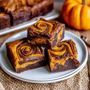Extra fudgy pumpkin swirl brownies with rich chocolate and pumpkin swirls.