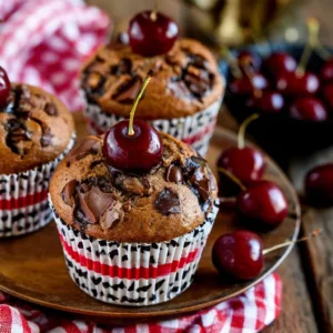 Delicious rich cherry chocolate muffins topped with chocolate chips.