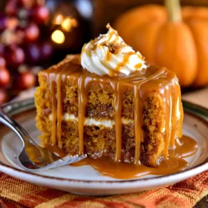 Delicious Salted Caramel Pumpkin Cake served on a rustic wooden table