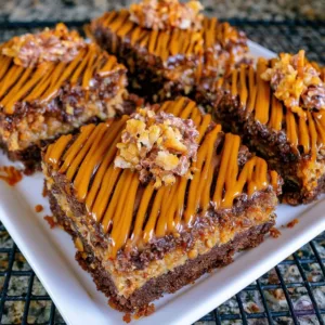 Decadent Samoa brownies topped with extra caramel and coconut