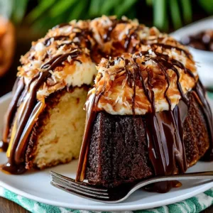 Samoa Bundt Cake drizzled with coconut caramel glaze