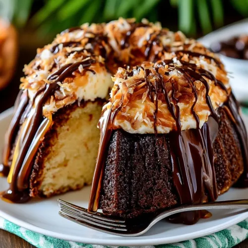 Samoa Bundt Cake drizzled with coconut caramel glaze