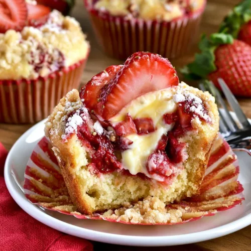 Strawberry muffins filled with cream cheese, fresh strawberries, and a golden crust.