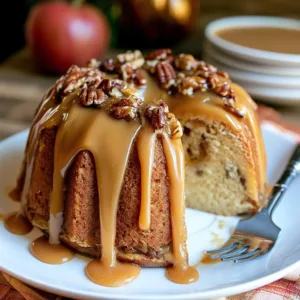 Toffee Pecan Bundt Cake topped with caramel drizzle on a decorative plate