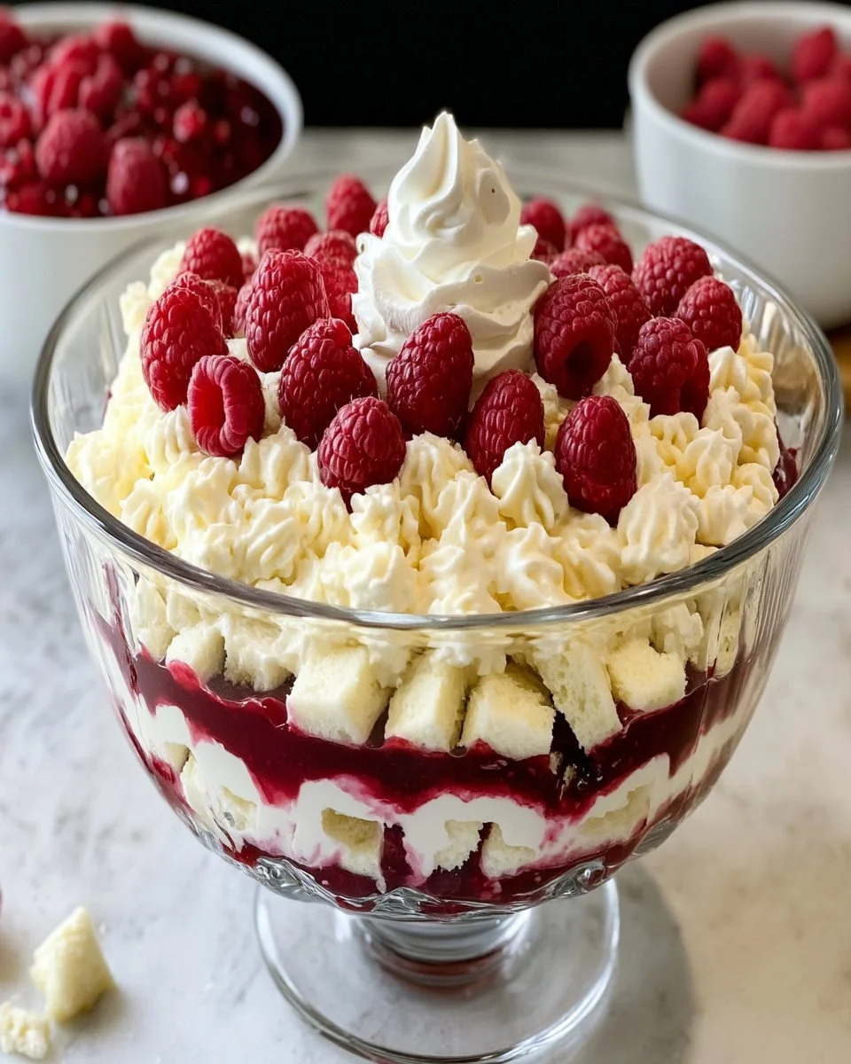 Delicious layers of White Chocolate Raspberry Trifle with fresh raspberries and cream