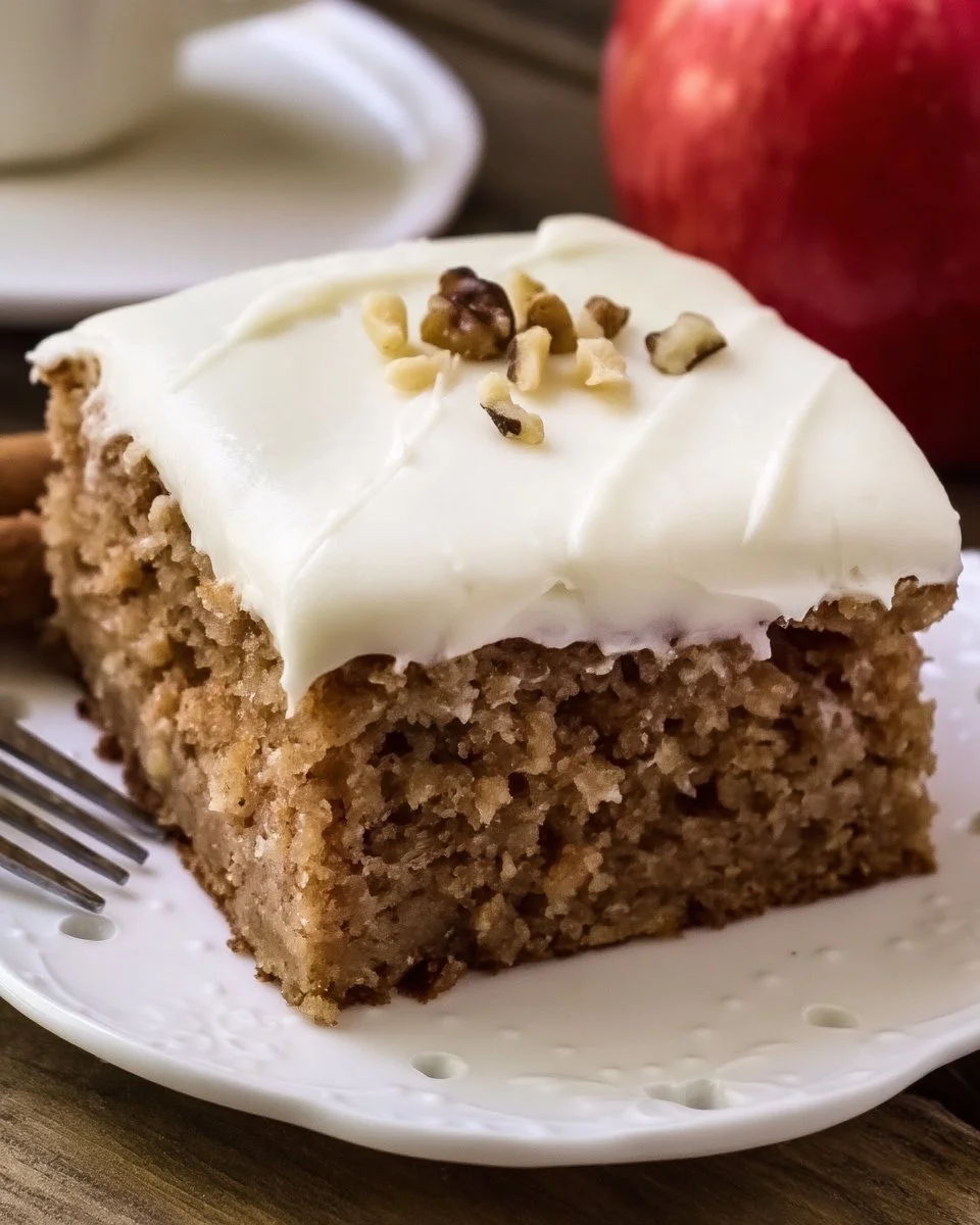 Apple Spice Cake with Cream Cheese Frosting on a wooden table