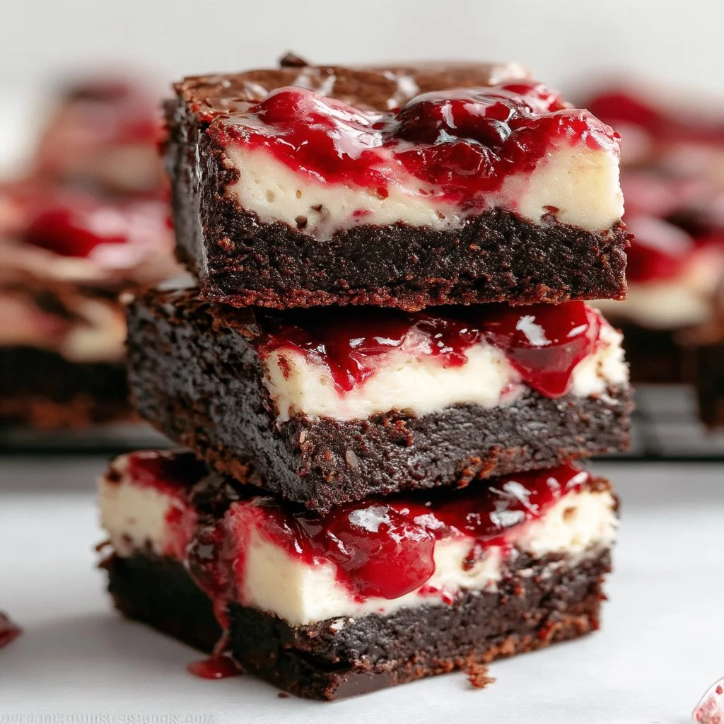 Cherry cheesecake brownies topped with fresh cherries and creamy cheesecake layer.