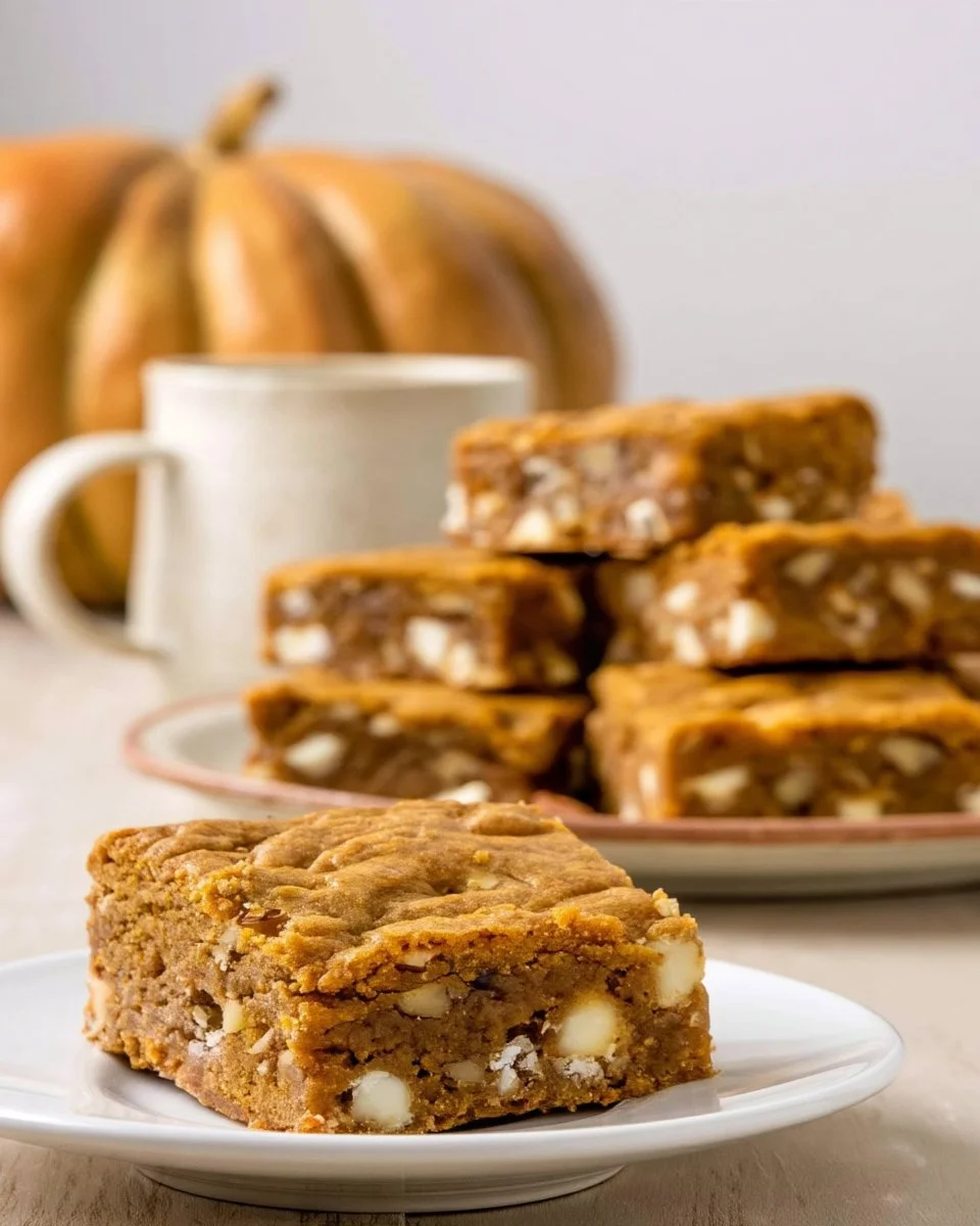 Delicious pumpkin maple blondies with a golden brown top and autumn spices