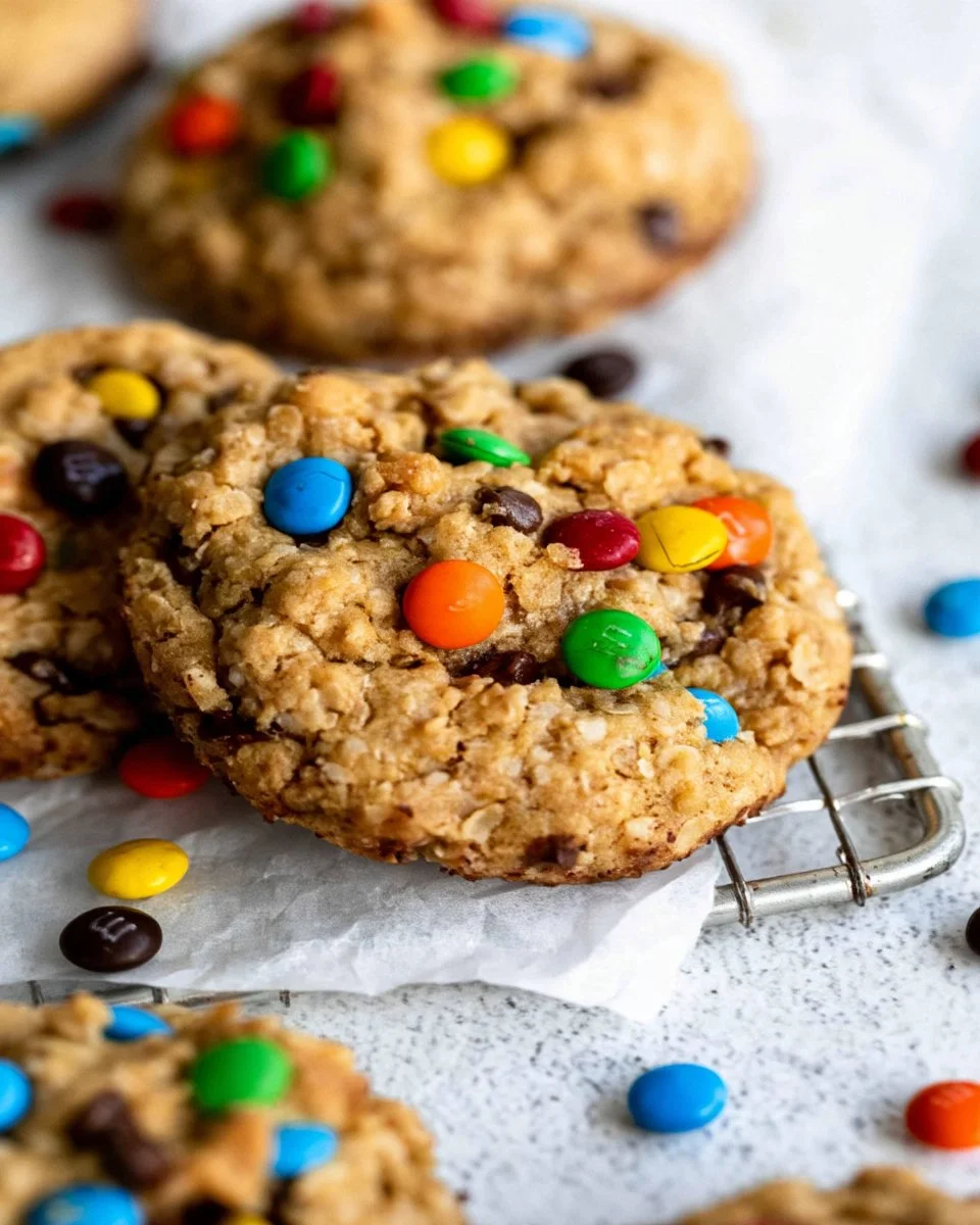 Gluten-free flourless monster cookies with chocolate chips and candy pieces.