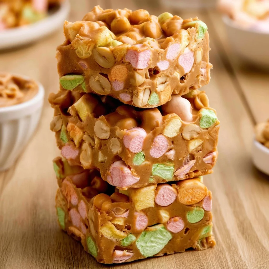 Delicious marshmallow peanut butter squares on a plate, perfect for dessert or snack.