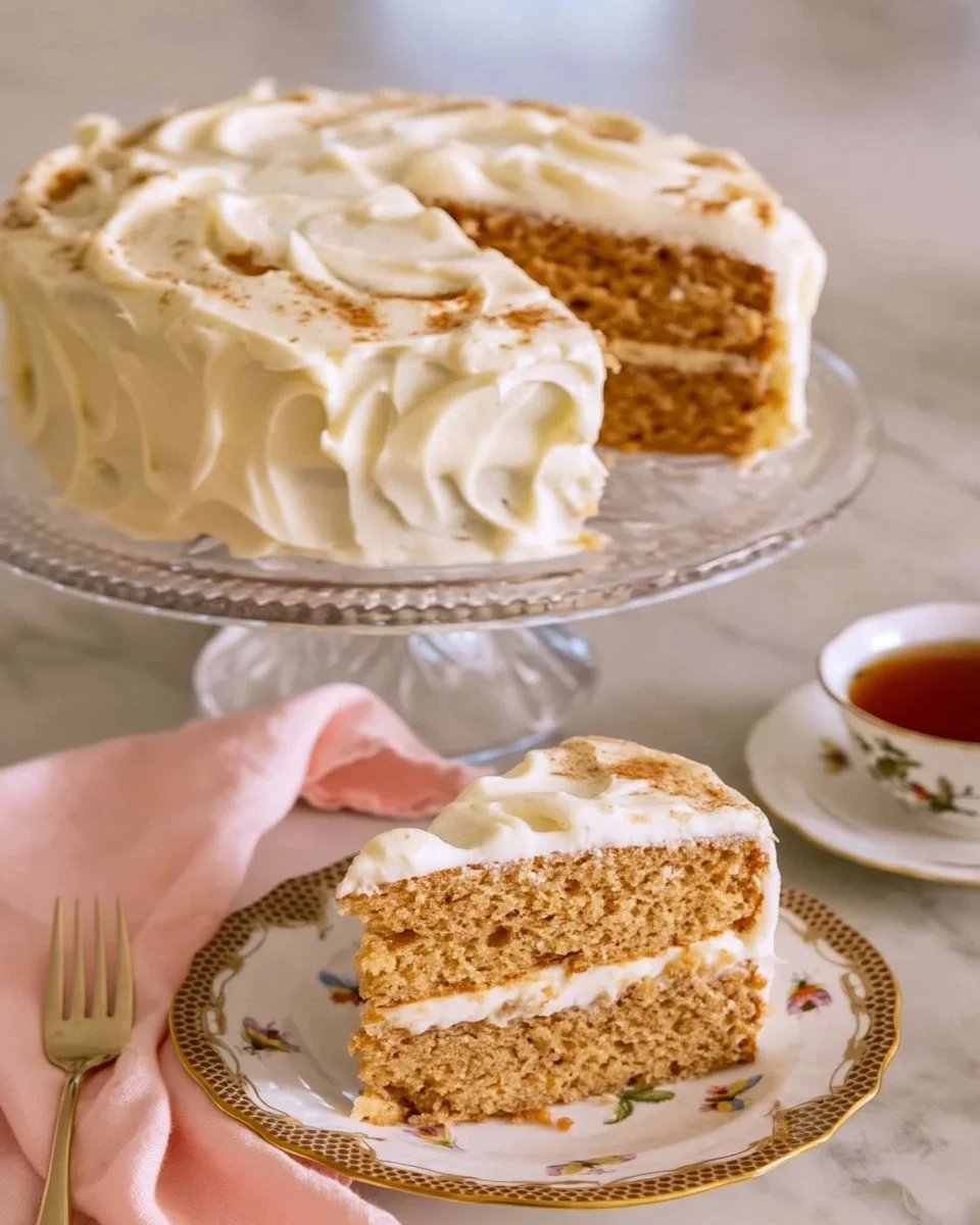 Moist spice cake decorated with autumn spices and frosting on a white plate
