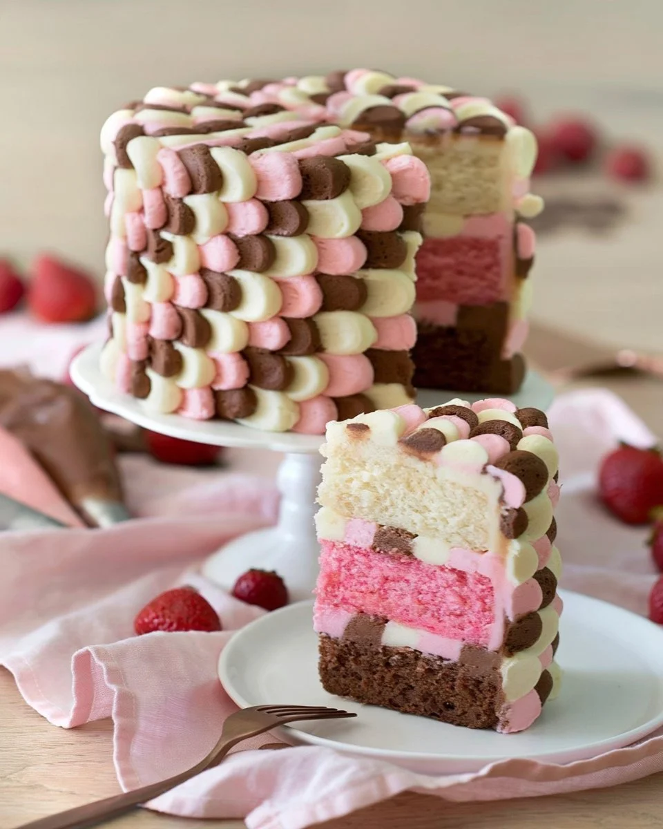 Slice of delicious Neapolitan Cake showcasing chocolate, vanilla, and strawberry layers.