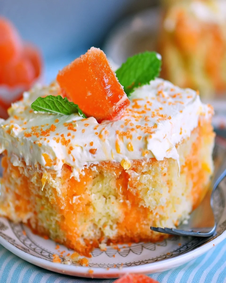 Delicious Orange Creamsicle Cake served on a summer picnic table, garnished with fresh oranges.