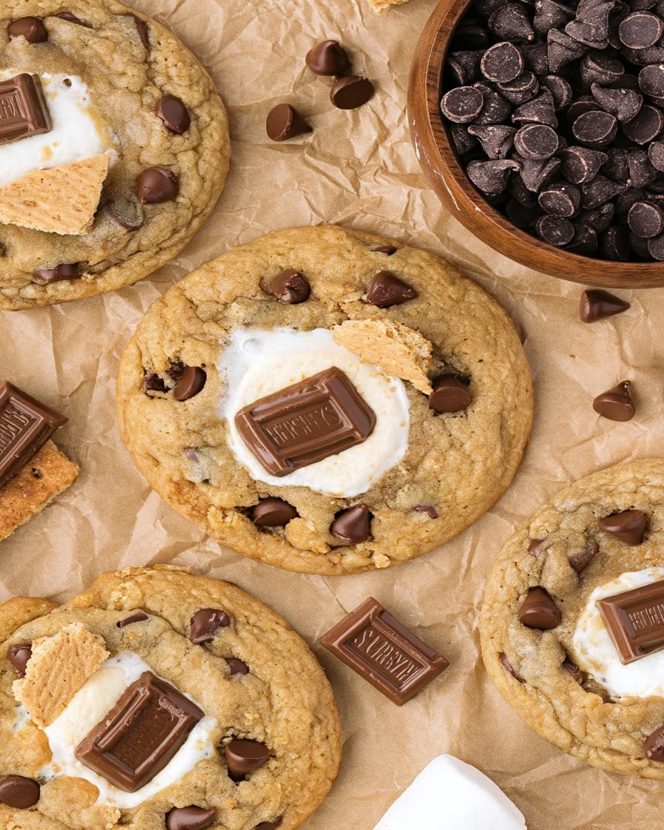 Gooey Sourdough S'mores Cookies with chocolate and marshmallows