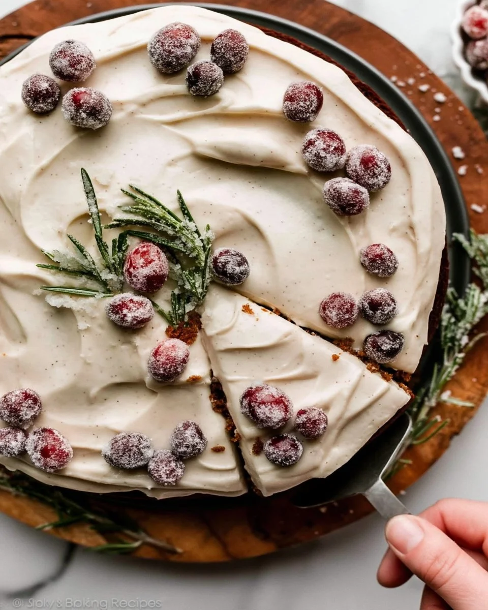 Spiced gingerbread cake topped with creamy frosting on a festive table