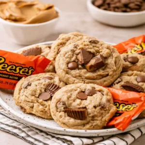 Delicious Reese's peanut butter cookies on a baking sheet.