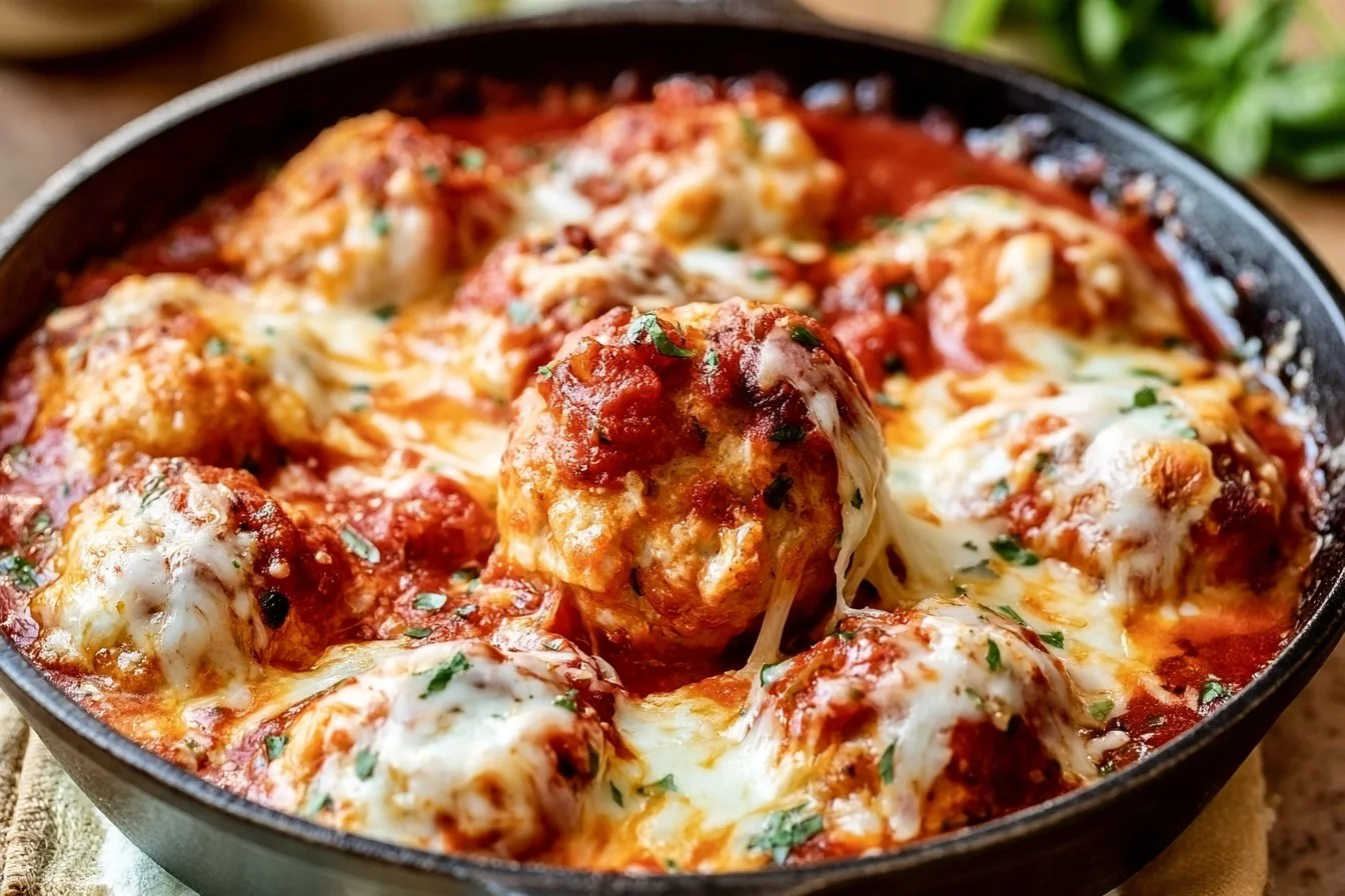 easy-chicken-parmesan-meatballs-2026-10-14-173737 Delicious easy chicken parmesan meatballs served on a plate with marinara sauce.