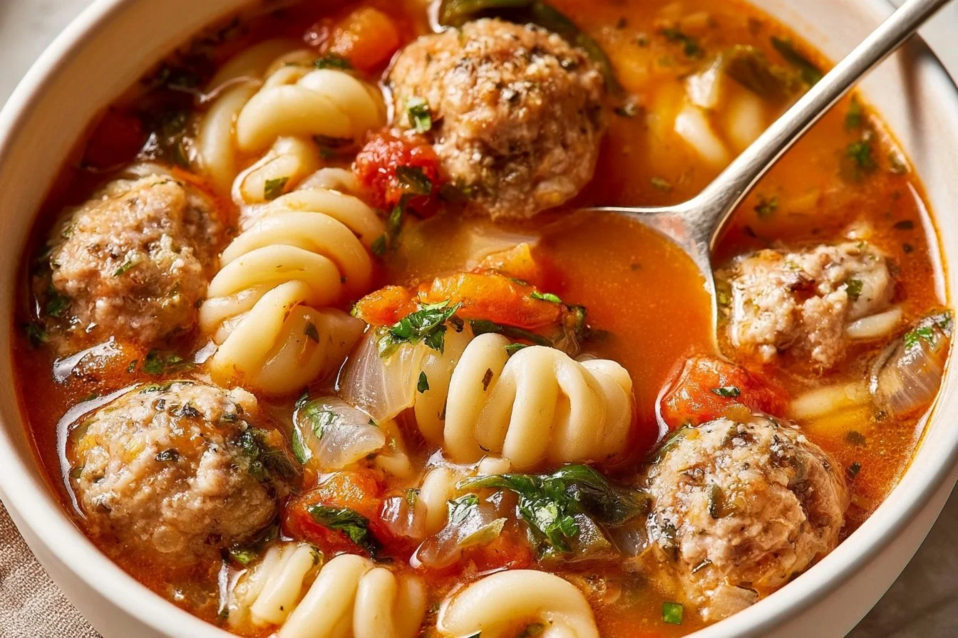 easy-homemade-soup-with-meatballs-2026-10-26-215303 Bowl of easy homemade soup with meatballs garnished with fresh herbs