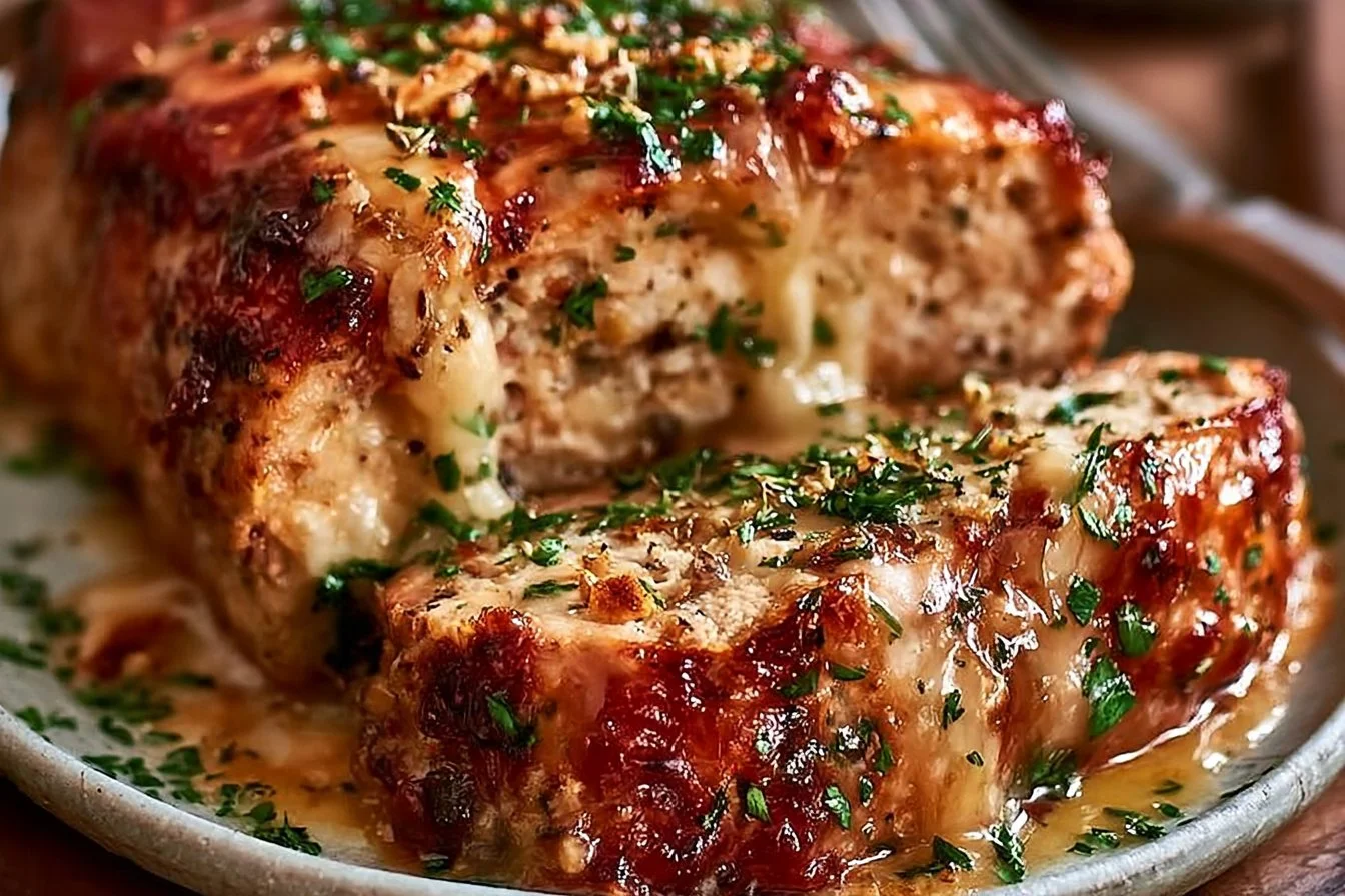 garlic-parmesan-chicken-meatloaf-with-savory-herb-2026-10-10-200106 Delicious Garlic Parmesan Chicken Meatloaf with herbs on a plate