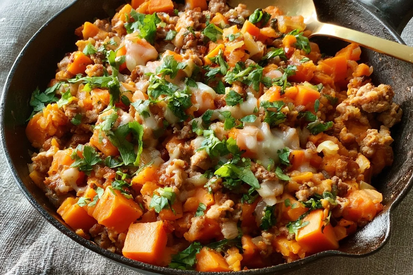 healthy-ground-turkey-sweet-potato-skillet-2026-10-15-093857 Healthy ground turkey sweet potato skillet dish served in a skillet.