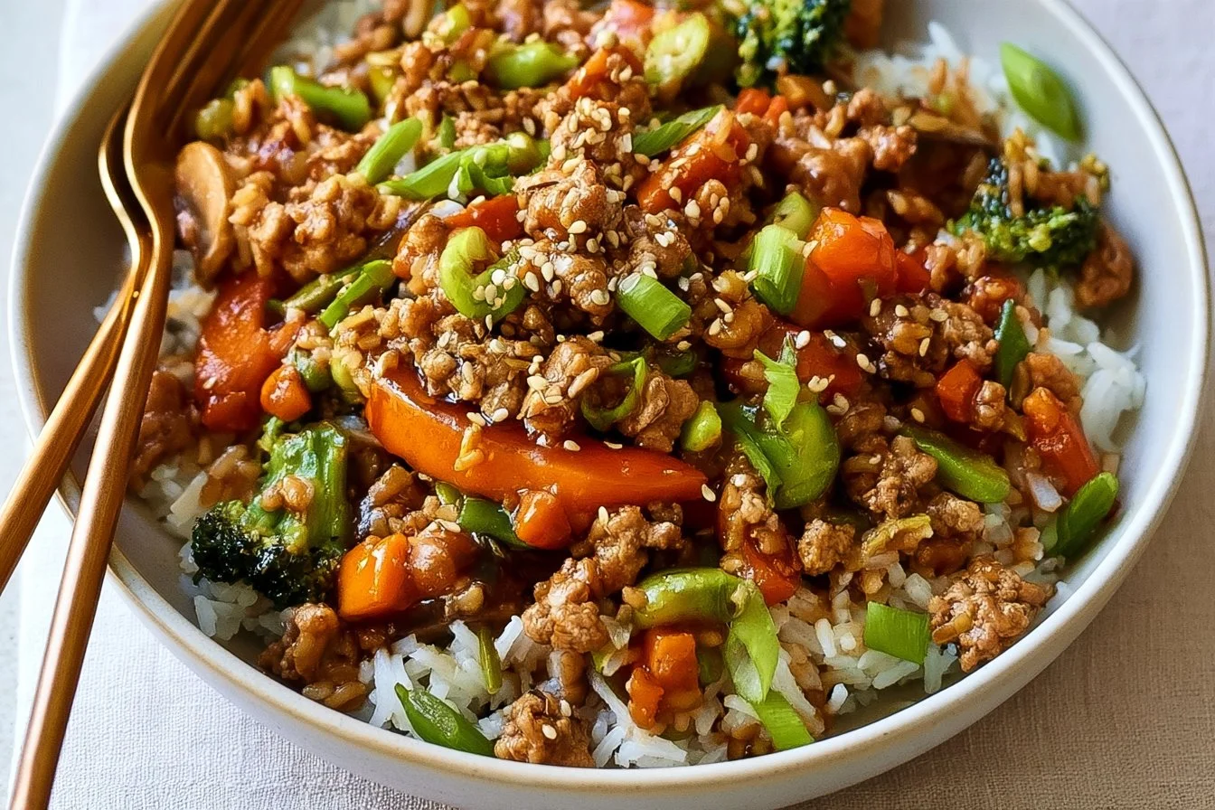 Healthy Ground Turkey Teriyaki Rice Bowl | Healthy stir-fry rice dish, Healthy stir-fry with rice, Healthy stir-fried rice meal