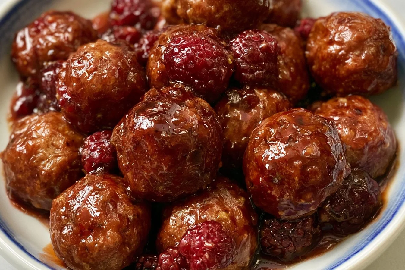 slow-cooker-raspberry-balsamic-meatballs-2026-10-23-163742 Slow cooker raspberry balsamic meatballs served on a plate